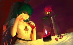 Rule 34 | 1girl, blackrabbitsoul, candle, drinking, flower, green eyes, green hair, hatsune miku, highres, lamppost, long hair, matching hair/eyes, petals, red rose, rose, solo, tears, vocaloid