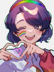 Rule 34 | 1girl, ;d, hairband, heart, heart hands, highres, konoha217, lgbt pride, long sleeves, looking at viewer, multicolored hairband, one eye closed, open mouth, polka dot, polka dot background, purple eyes, signature, smile, solo, tenkyuu chimata, touhou, upper body
