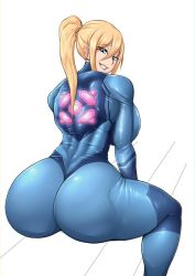 Rule 34 | 1girl, ass, blonde hair, blue bodysuit, blue eyes, bodysuit, breasts, from behind, huge ass, huge breasts, long hair, looking back, metroid, mole, mole under mouth, nintendo, ponytail, samus aran, sitting, skin tight, smile, solo, thick thighs, thighs, vicsenpai, white background, wide hips, zero suit