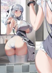 Rule 34 | 1girl, absurdres, anchor choker, anchor necklace, apron, artistic error, ass, azur lane, bad reflection, bathroom, black hairband, bottle, breasts, butt crack, center frills, choker, choyeon, cleavage, clothing cutout, commentary request, dido (azur lane), frilled choker, frills, hairband, highres, jewelry, lace-trimmed hairband, lace trim, large breasts, long hair, mirror, necklace, panties, pink eyes, reflection, silver hair, thighhighs, thighs, toilet, underboob, underboob cutout, underwear, waist apron, white apron, white panties, white thighhighs, window, wrist cuffs