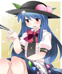 Rule 34 | 1girl, bandages, blue hair, blush, bow, food, fruit, gauze, hammer (sunset beach), hat, hinanawi tenshi, injury, long hair, open mouth, peach, red eyes, skirt, solo focus, tears, torn clothes, touhou, very long hair