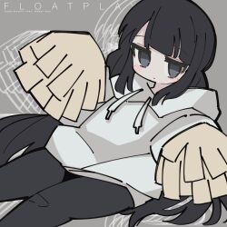 Rule 34 | 1girl, afterimage, black hair, black pantyhose, blunt bangs, blush, closed mouth, feet out of frame, float play (vocaloid), floating, grey background, grey eyes, grey hoodie, hands up, highres, hood, hood down, hoodie, inabakumori, jitome, long hair, long sleeves, looking at viewer, low twintails, momochi tama, osage (nukunuku nigirimeshi), pantyhose, partially colored, pigeon-toed, pom pom (cheerleading), raised eyebrows, sidelocks, simple background, solo, song name, twintails, very long hair, vocaloid