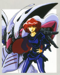 Rule 34 | 1980s (style), 1girl, bodysuit, grin, gundam, haman karn, hands on own hips, highres, key visual, looking at viewer, machinery, magazine scan, mecha, mikimoto haruhiko, mobile suit, official art, oldschool, promotional art, qubeley, red eyes, red hair, retro artstyle, robot, scan, science fiction, smile, traditional media, upper body, zeta gundam