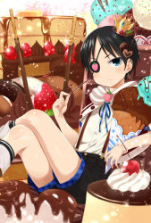 Rule 34 | 1boy, :&lt;, agemono, bad id, bad pixiv id, black hair, blue eyes, blush, cake, candy, cherry, crown, eyepatch, food, fruit, hair ornament, ice cream, ice cream cone, looking at viewer, male focus, marshmallow, original, pancake, pancake stack, pocky, ribbon, short hair, shorts, smile, solo, sparkle, strawberry, suspenders