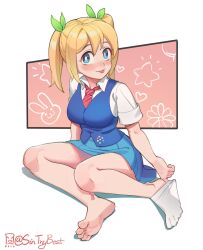 Rule 34 | 1girl, barefoot, blonde hair, blue eyes, blue skirt, blue vest, blush, breasts, collared shirt, commentary, commission, english commentary, feet, green ribbon, hair ribbon, highres, large breasts, legs, long hair, looking at viewer, miniskirt, necktie, no shoes, original, pleated skirt, red necktie, removing legwear, ribbon, shiny skin, shirt, short sleeves, sin (sintrybest), single sock, sitting, skirt, smile, socks, soles, solo, thighs, toes, tongue, tongue out, twintails, twitter username, vest, white shirt, white socks
