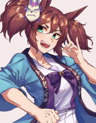 Rule 34 | 1girl, animal ears, blue jacket, bow, bowtie, breasts, brown hair, clenched hand, fangs, fox mask, fox shadow puppet, grey background, hand up, haori, highres, horse ears, inari one (umamusume), jacket, japanese clothes, looking to the side, mask, mask on head, medium breasts, open clothes, open jacket, open mouth, purple shirt, school uniform, shirt, short hair, simple background, smile, solo, sugamo (rainysnowy108), tracen school uniform, twintails, umamusume, upper body, v-shaped eyebrows, white shirt