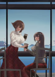 Rule 34 | 2girls, absurdres, alternate costume, black hair, breasts, brown hair, commentary request, green eyes, grey sweater, highres, kantai collection, large breasts, long hair, long skirt, mizunototori, mountain, multiple girls, mutsu (kancolle), nagato (kancolle), ocean, pants, plaid, plaid skirt, red eyes, red pants, red skirt, scenery, short hair, skirt, sweater, tumbler, white sweater