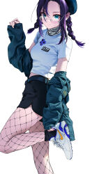Rule 34 | 1girl, absurdres, adjusting footwear, black shorts, black socks, blue eyes, braid, closed mouth, fishnet pantyhose, fishnets, glasses, hand up, hat, highres, jacket, looking at viewer, minj kim, off shoulder, open clothes, open jacket, original, pantyhose, purple hair, round eyewear, shirt, shoes, short sleeves, shorts, simple background, socks, solo, standing, standing on one leg, turtleneck, twin braids, twintails, twisted torso, white background, white footwear, white shirt