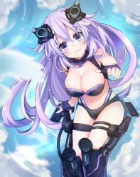 Rule 34 | 1girl, adult neptune, bare shoulders, black gloves, blush, breasts, cleavage, closed mouth, fingerless gloves, giga-tera, gloves, highres, large breasts, long hair, looking at viewer, navel, neptune (series), purple eyes, purple hair, smile, solo, thigh strap, wings