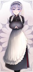Rule 34 | 1girl, :d, absurdres, apron, arms behind back, azur lane, bad id, bad pixiv id, bellona (armed to clean) (azur lane), bellona (azur lane), black dress, breast strap, breasts, chest belt, clothing cutout, commentary request, commission, dress, full body, grey eyes, grey hair, hair between eyes, highres, juliet sleeves, large breasts, long dress, long sleeves, looking at viewer, maid, maid apron, maid headdress, official alternate costume, open mouth, puffy sleeves, short hair, sidelocks, skeb commission, smile, solo, standing, tanuzon, underboob, underboob cutout