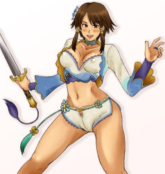 Rule 34 | 1girl, :d, bad id, bad pixiv id, blush, breasts, brown eyes, cameltoe, chai xianghua, choker, cleavage, collarbone, covered erect nipples, hair tubes, holding, holding sword, holding weapon, large breasts, looking at viewer, midriff, momo 765, navel, open mouth, rirakukan, simple background, smile, solo, soul calibur, soulcalibur, soulcalibur iv, stomach, sword, tassel, weapon, white background