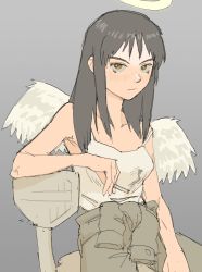 Rule 34 | 1girl, absurdres, black hair, blush, brown eyes, camisole, chair, cigarette, closed mouth, clothes around waist, feathered wings, green jacket, haibane renmei, halo, highres, holding, holding cigarette, jacket, jacket around waist, long hair, pantsu-ripper, reki (haibane), shirt, simple background, sitting, solo, white shirt, wings