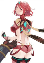 Rule 34 | 1girl, armor, ass, covered navel, duu (derhnky9f4), earrings, fingerless gloves, gem, gloves, headpiece, jewelry, looking at viewer, nintendo, pyra (xenoblade), red eyes, red hair, rex (xenoblade), short hair, simple background, solo, swept bangs, tiara, xenoblade chronicles (series), xenoblade chronicles 2