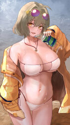 Rule 34 | 1girl, anis (nikke), anis (sparkling summer) (nikke), asaikeu, bikini, breasts, can, collarbone, drink can, eyepatch bikini, eyewear on head, goddess of victory: nikke, hair ornament, hairclip, highres, holding, holding can, jacket, jewelry, large breasts, light brown hair, looking at viewer, navel, off shoulder, official alternate costume, open mouth, pendant, single bare shoulder, soda can, solo, stomach, sunglasses, swimsuit, wet, white bikini, yellow eyes, yellow jacket