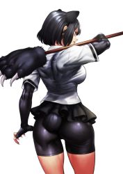 Rule 34 | 10s, 1girl, absurdres, angry, animal ears, ass, back, bear ears, paw stick, bike shorts, black gloves, black hair, black skirt, blue ribbon, breasts, brown bear (kemono friends), brown eyes, claws, collared shirt, elbow gloves, fingerless gloves, gloves, grey hair, highres, holding, holding weapon, kemono friends, large breasts, multicolored hair, neck ribbon, pleated skirt, ribbon, shiny clothes, shirt, short hair, short sleeves, shorts, shorts under skirt, skirt, solo, tail, thighs, weapon, white shirt, wing collar