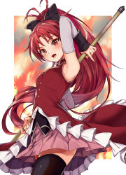 Rule 34 | 1girl, :d, absurdres, armpits, bare shoulders, black bow, black thighhighs, blush, bow, breasts, commentary request, cowboy shot, detached sleeves, fang, fire, frills, hair bow, high ponytail, highres, holding, holding weapon, long hair, long sleeves, looking at viewer, mahou shoujo madoka magica, mahou shoujo madoka magica (anime), miniskirt, open mouth, parted bangs, pink skirt, pleated skirt, pukara, red eyes, red hair, sakura kyoko, skirt, small breasts, smile, solo, thighhighs, very long hair, weapon, zettai ryouiki