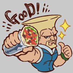 Rule 34 | 1boy, blonde hair, cropped torso, english text, facial hair, food, food request, goatee, guile, happy aura, muscular, muscular male, outstretched arm, sandwich, solo, sparkle, street fighter, street fighter 6, tsurime, yuiofire