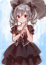 Rule 34 | 10s, 1girl, ama-tou, black dress, bow, dress, drill hair, hair bow, idolmaster, idolmaster cinderella girls, kanzaki ranko, looking at viewer, parasol, puffy sleeves, red eyes, short sleeves, silver hair, smile, solo, twin drills, twintails, umbrella