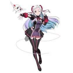 Rule 34 | 10s, 1girl, ;), black footwear, black thighhighs, blue hair, boots, braid, braided bangs, double bun, dress, floating hair, full body, hair bun, hair ribbon, looking at viewer, multicolored hair, official art, one eye closed, outstretched arm, pleated dress, purple hair, red eyes, red ribbon, ribbon, silver hair, smile, solo, standing, sword art online, sword art online the movie: ordinal scale, thigh boots, thighhighs, yuna (sao)