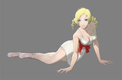 Rule 34 | 1girl, 3d, atlus, blonde hair, blue eyes, bow, breasts, catherine, catherine (game), choker, cleavage, dress, drill hair, eyeshadow, large breasts, legs, lipstick, long legs, makeup, nail polish, official art, pink nails, red ribbon, ribbon, short twintails, solo, thighhighs, twintails, waist bow, white thighhighs