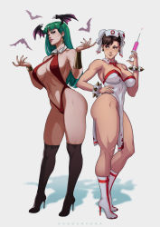 Rule 34 | 2girls, adapted costume, alternate costume, bare shoulders, bat (animal), black legwear, blood, blood on clothes, boots, bracelet, breasts, brown eyes, brown hair, bun cover, capcom, china dress, chinese clothes, chun-li, cleavage, commentary, company connection, cosplay, covered erect nipples, crossover, dandon fuga, demon girl, detached collar, double bun, dress, earrings, english commentary, fingernails, full body, green eyes, green hair, groin, hair bun, halloween, halloween costume, hand on own hip, hat, head wings, high heel boots, high heels, highres, jewelry, knee boots, kneepits, knees, large breasts, legs, lips, long fingernails, long hair, looking at another, makeup, morrigan aensland, multiple girls, muscular, muscular female, nail polish, navel, necktie, nurse, nurse cap, o-ring, paid reward available, red neckwear, revealing clothes, short hair, simple background, slingshot swimsuit, standing, street fighter, swimsuit, syringe, thighhighs, thighs, toned, vampire (game), vampirella, vampirella (character) (cosplay), wings