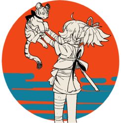 Rule 34 | 10s, 1boy, bandages, from behind, gokotai&#039;s tigers, japanese clothes, l hakase, lowres, male focus, monochrome, sayo samonji, simple background, solo, tiger, tiger cub, touken ranbu, white background