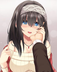 Rule 34 | 1boy, 1girl, :d, bare shoulders, blue eyes, blush, breasts, brown hair, cleavage, gradient background, grey background, hair between eyes, hand on another&#039;s cheek, hand on another&#039;s face, idolmaster, idolmaster cinderella girls, jewelry, long hair, long sleeves, looking at viewer, medium breasts, necklace, off-shoulder, off-shoulder sweater, off shoulder, oga raito, open mouth, pendant, pov, producer (idolmaster), sagisawa fumika, shawl, smile, solo focus, sweater, yellow sweater