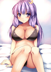 Rule 34 | 1girl, bed, black bra, black panties, blush, bow, bra, breasts, cleavage, closed mouth, collarbone, commentary request, crescent, crescent hair ornament, hair bow, hair ornament, knees up, large breasts, long hair, no headwear, paid reward available, panties, patchouli knowledge, purple eyes, purple hair, red bow, ryokushiki (midori-ya), sitting, smile, solo, touhou, underwear, underwear only