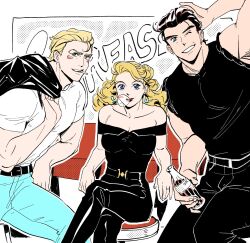 Rule 34 | 1950s (style), 1girl, 2boys, aged up, bare shoulders, battle tendency, blonde hair, breasts, brown hair, blowing bubbles, caesar anthonio zeppeli, chewing gum, cigarette, cleavage, cola, crossed legs, crossover, denim, earrings, facial mark, grease (musical), green eyes, hair slicked back, hakmonss, jacket, jacket on shoulders, jeans, jewelry, jojo no kimyou na bouken, joseph joestar, joseph joestar (young), leather, leather jacket, looking at viewer, medium breasts, mouth hold, multiple boys, off-shoulder shirt, off shoulder, one eye closed, pants, shirt, sitting, stool, suzi q, t-shirt, time paradox, wavy hair