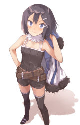 Rule 34 | &gt;:), 1girl, asagiri asagi, bad id, bad pixiv id, bare shoulders, belt, black footwear, black hair, black shirt, black thighhighs, blue eyes, blush, boots, camisole, closed mouth, coat, disgaea, from above, fur collar, fur trim, hair ornament, hairclip, hand on own hip, holding, looking at viewer, machikado, md5 mismatch, nippon ichi, resolution mismatch, shirt, short hair, silhouette, sleeveless, sleeveless shirt, smile, solo, spaghetti strap, standing, thigh boots, thighhighs, v-shaped eyebrows, white background, x hair ornament