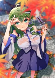Rule 34 | 1girl, absurdres, ahoge, arm up, autumn leaves, blue eyes, blue skirt, blush, breasts, closed mouth, commentary request, covered erect nipples, day, detached sleeves, feet out of frame, fingernails, frog hair ornament, gohei, green hair, hair between eyes, hair ornament, highres, holding, holding stick, kochiya sanae, large breasts, long hair, long sleeves, looking at viewer, maruichi0one, no bra, nontraditional miko, outdoors, rain, shirt, skirt, snake hair ornament, solo, standing, stick, touhou, water drop, wet, wet clothes, wet hair, wet shirt, wide sleeves
