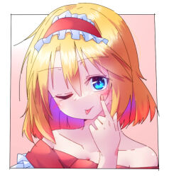 Rule 34 | 1girl, :p, alice margatroid, bare shoulders, blonde hair, blue eyes, blush, dondyuruma, frilled hairband, frills, hairband, lolita hairband, looking at viewer, medium hair, off shoulder, one eye closed, red hairband, solo, tongue, tongue out, touhou