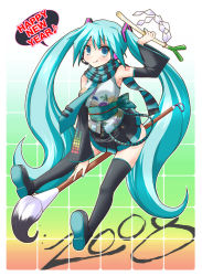 Rule 34 | 00s, 1girl, 2008, :q, aqua eyes, aqua hair, arm up, ass, black thighhighs, calligraphy brush, detached sleeves, gohei, hair ornament, happy new year, hatsune miku, japanese clothes, kimono, long hair, necktie, new year, obi, paintbrush, pleated skirt, rainbow background, sash, scarf, shinshin, short kimono, skirt, solo, spring onion, striped clothes, striped scarf, thighhighs, tongue, tongue out, twintails, very long hair, vocaloid