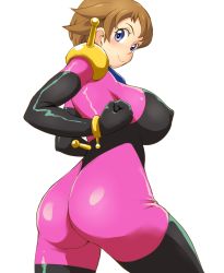 Rule 34 | 10s, 1girl, ass, black gloves, blue eyes, blush, bodysuit, breasts, brown hair, clenched hand, closed mouth, cosplay, covered erect nipples, cowboy shot, from behind, g gundam, gloves, gundam, gundam build divers, impossible bodysuit, impossible clothes, large breasts, looking at viewer, looking back, mobile trace suit, nanase nanami (gundam build divers), pink bodysuit, rain mikamura, rain mikamura (cosplay), shiny clothes, short hair, simple background, skin tight, smile, solo, standing, tareme, tof, white background