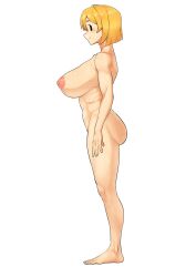 Rule 34 | 1girl, bad id, bad twitter id, bam.g, black eyes, blonde hair, breasts, closed mouth, completely nude, fallout (series), fallout 4, full body, highres, huge breasts, large breasts, looking at viewer, looking to the side, nipples, nude, short hair, simple background, smile, solo, standing, toenails, toes, vault girl, white background