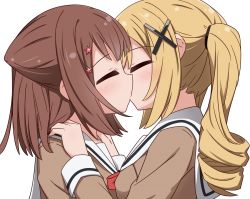 Rule 34 | 2girls, artist request, bang dream!, blonde hair, breasts, brown hair, couple, closed eyes, french kiss, hair ornament, hand on another&#039;s shoulder, highres, ichigaya arisa, kiss, long hair, medium breasts, multiple girls, open mouth, purple eyes, school uniform, short hair, simple background, tagme, toyama kasumi, translation request, twintails, yuri