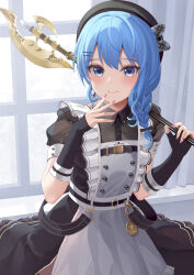 Rule 34 | 1girl, absurdres, apron, beret, black dress, black gloves, black hat, blue eyes, blue hair, blush, braid, breasts, cleavage, closed mouth, collared dress, dress, earrings, elbow gloves, fingerless gloves, gloves, hair between eyes, hair ornament, hair over shoulder, hairclip, halberd, hat, highres, holding, holding polearm, holding weapon, hololive, hoshimachi suisei, hoshimachi suisei (maid), jewelry, long hair, looking at viewer, maid, official alternate costume, polearm, puffy short sleeves, puffy sleeves, see-through, see-through cleavage, see-through sleeves, short sleeves, side braid, single braid, small breasts, smile, solo, star (symbol), star in eye, symbol in eye, tippii (a27371024), virtual youtuber, weapon