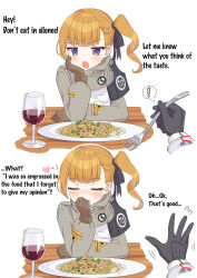 Rule 34 | 1girl, absurdres, ash arms, blonde hair, blunt bangs, blush, character request, closed eyes, closed mouth, commentary request, covering own mouth, cup, drinking glass, embarrassed, english text, food, fork, gloves, highres, looking at viewer, medium hair, open mouth, pasta, plate, pov, saettan (fnnt2783), side ponytail, solo focus, spaghetti, uniform, white background, wine glass