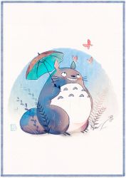 Rule 34 | artist name, bug, butterfly, celiarts, commentary, english commentary, fern, flower, full body, grey fur, holding, holding umbrella, bug, looking up, no humans, rain, tonari no totoro, totoro, umbrella, whiskers