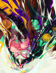 Rule 34 | 10s, 1girl, abstract background, absurdres, bad id, bad pixiv id, colorful, dress, from above, gloves, hair ribbon, highres, kaname madoka, kneehighs, magical girl, mahou shoujo madoka magica, mahou shoujo madoka magica (anime), mixed media, pink hair, ribbon, rye-beer, short hair, socks, solo, surreal, traditional media, twintails