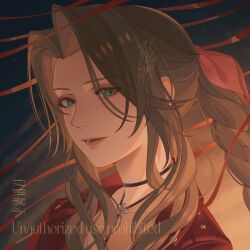Rule 34 | 1girl, 7nite, absurdres, aerith gainsborough, braid, braided ponytail, brown hair, choker, close-up, dress, final fantasy, final fantasy vii, final fantasy vii remake, flower choker, green eyes, hair ribbon, highres, jacket, long hair, looking at viewer, parted bangs, parted lips, pink dress, pink ribbon, portrait, red jacket, ribbon, sidelocks, signature, solo, square enix, string, string of fate, wavy hair