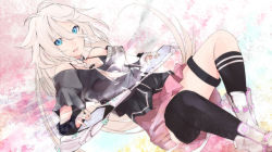 Rule 34 | 1girl, bare shoulders, blonde hair, blue eyes, boots, braid, female focus, ia (vocaloid), long hair, open mouth, pink skirt, single thighhigh, sitting, skirt, solo, thigh strap, thighhighs, tugmix, vocaloid