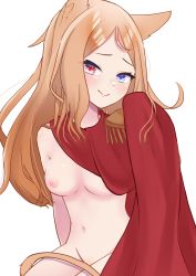 Rule 34 | 1girl, absurdres, animal ears, archetto (arknights), arknights, blue eyes, blush, breasts, brown hair, cape, closed mouth, cowboy shot, epaulettes, heterochromia, highres, long hair, looking at viewer, naked cape, navel, nipples, parted bangs, red cape, red eyes, simple background, sitting, small breasts, smile, solo, stomach, tail, white background, yokuto