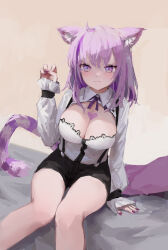 Rule 34 | 1girl, absurdres, ahoge, animal ear fluff, animal ears, black shorts, breasts, cat ears, cat girl, cat tail, claw pose, cleavage, cleavage cutout, closed mouth, clothing cutout, collared shirt, hand up, heart, heart on chest, highres, hololive, large breasts, light blush, long sleeves, looking at viewer, medium hair, multicolored hair, nail polish, necktie, nekomata okayu, nekomata okayu (wonderland), purple eyes, purple hair, purple nails, purple necktie, purple tail, reddizen, shirt, shorts, sitting, sketch, solo, strap, streaked hair, striped tail, tail, virtual youtuber, white shirt, wrist cuffs