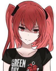 Rule 34 | 1girl, american idiot, collarbone, fire emblem, fire emblem awakening, green day, group name, long hair, looking at viewer, nintendo, red eyes, red hair, severa (fire emblem), shaded face, shirt, simple background, solo, t-shirt, tavi (hosheezus), twintails, white background