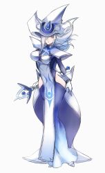 1girl anmitsuya bad_id bad_pixiv_id blue_dress dress duel_monster gloves grey_hair hair_over_one_eye highres hip_vent holding holding_staff long_hair purple_eyes silent_magician staff tabard white_gloves white_tabard yu-gi-oh!