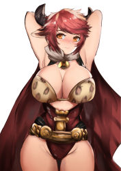Rule 34 | 10s, 1girl, animal ears, armpits, arms behind head, arms up, bare arms, bell, blush, breasts, cape, cleavage, cow ears, cow girl, cow horns, cowboy shot, curvy, draph, earrings, granblue fantasy, highres, holstaur, horns, jewelry, large breasts, looking at viewer, norman maggot, orange eyes, pink hair, red eyes, red hair, short hair, simple background, solo, sturm (granblue fantasy), wide hips
