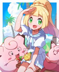Rule 34 | 1girl, berry (pokemon), blonde hair, blue sky, blunt bangs, character doll, clefairy, cloud, creatures (company), dress, eating, fang, game freak, gen 1 pokemon, green eyes, hand on own forehead, hand on own thigh, highres, hiisu (s-1104-d), leppa berry, lillie (pokemon), nintendo, on bench, open mouth, outdoors, palm tree, pokemon, pokemon sm, ponytail, sailor collar, short sleeves, sitrus berry, sitting, skirt, sky, stuffed toy, sweatdrop, tree, white dress, white skirt