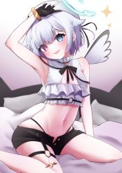 Rule 34 | 1girl, absurdres, amemiya nazuna, amemiya nazuna (1st costume), angel, angel wings, arm above head, arm up, armpits, bed, black gloves, black shorts, blue eyes, bracelet, breasts, cleavage, cleavage cutout, clothing cutout, fang, fingerless gloves, frilled shirt, frills, gloves, halo, heterochromia, highres, jewelry, looking at viewer, matcha amigo, navel, on bed, open fly, open mouth, partially fingerless gloves, pillow, pink eyes, shirt, short hair, short shorts, shorts, skin fang, small breasts, smile, strapless, thigh strap, tube top, unbuttoned, virtual youtuber, vshojo, white hair, white shirt, wings