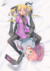 Rule 34 | 2girls, absurdres, bed sheet, blonde hair, blue eyes, blush, bodystocking, braid, breasts, brown eyes, fate testarossa, feet, from above, hair ornament, hair ribbon, highres, long hair, lyrical nanoha, mahou shoujo lyrical nanoha, multiple girls, multitasking, no shoes, open mouth, pink hair, ponytail, pussy, ribbon, selfie, signum, spread legs, tribadism, twintails, xiaoxi0619, yuri